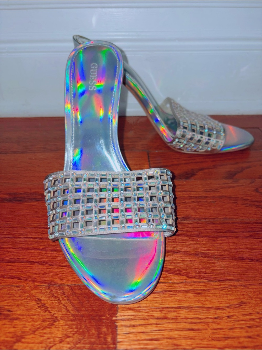 Guess Iridescent Silver Holographic Slide Heels with Crystal Grid Strap